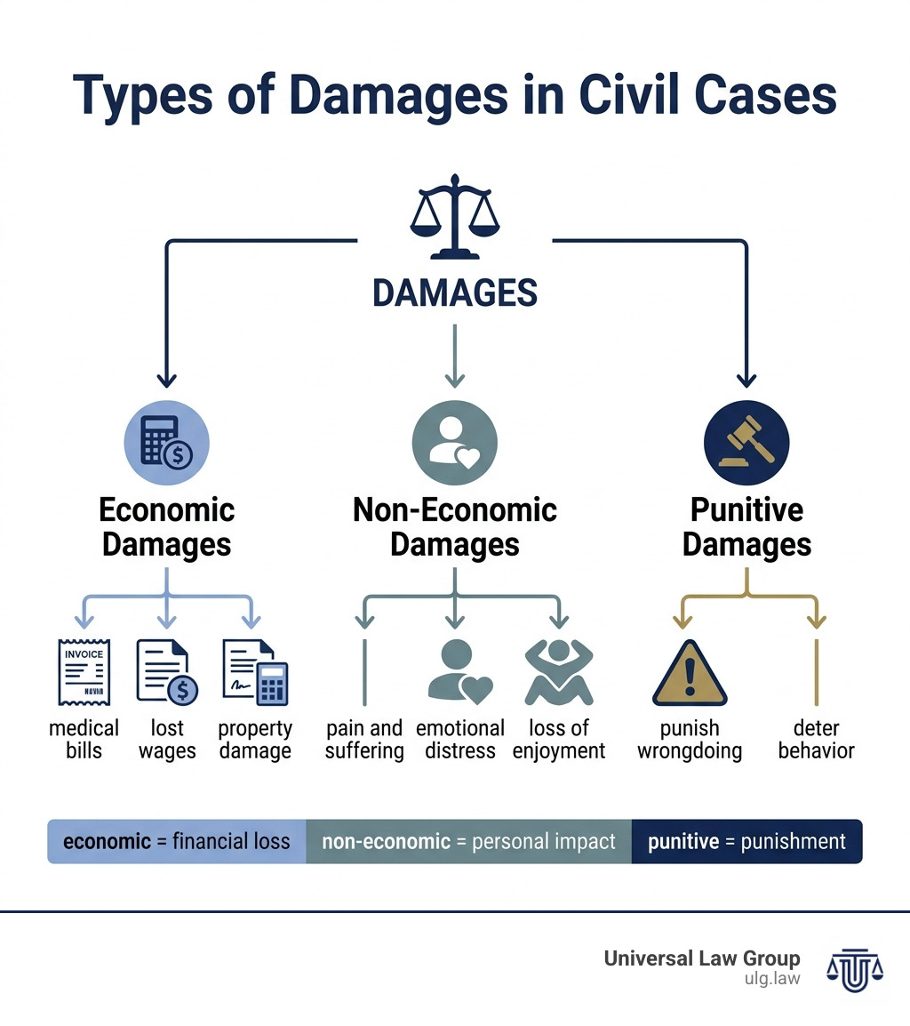 Three categories of damages flowchart: economic, non-economic, and punitive damages explained - what are punitive damages Three categories of damages flowchart: economic, non-economic, and punitive damages explained - what are punitive damages