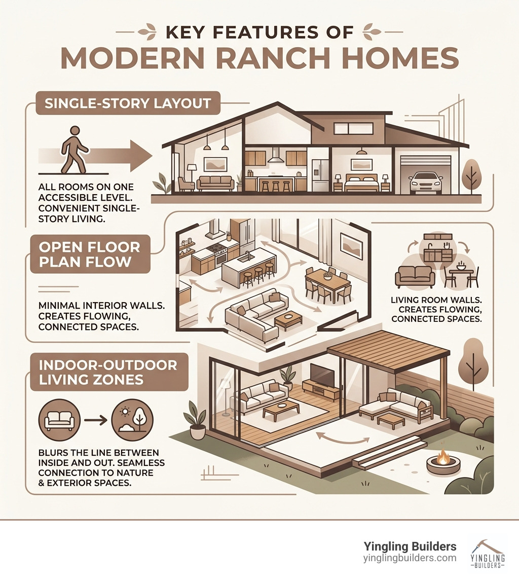 Infographic showing key features of modern ranch homes: open floor plan flow, single-story layout, indoor-outdoor living Infographic showing key features of modern ranch homes: open floor plan flow, single-story layout, indoor-outdoor living
