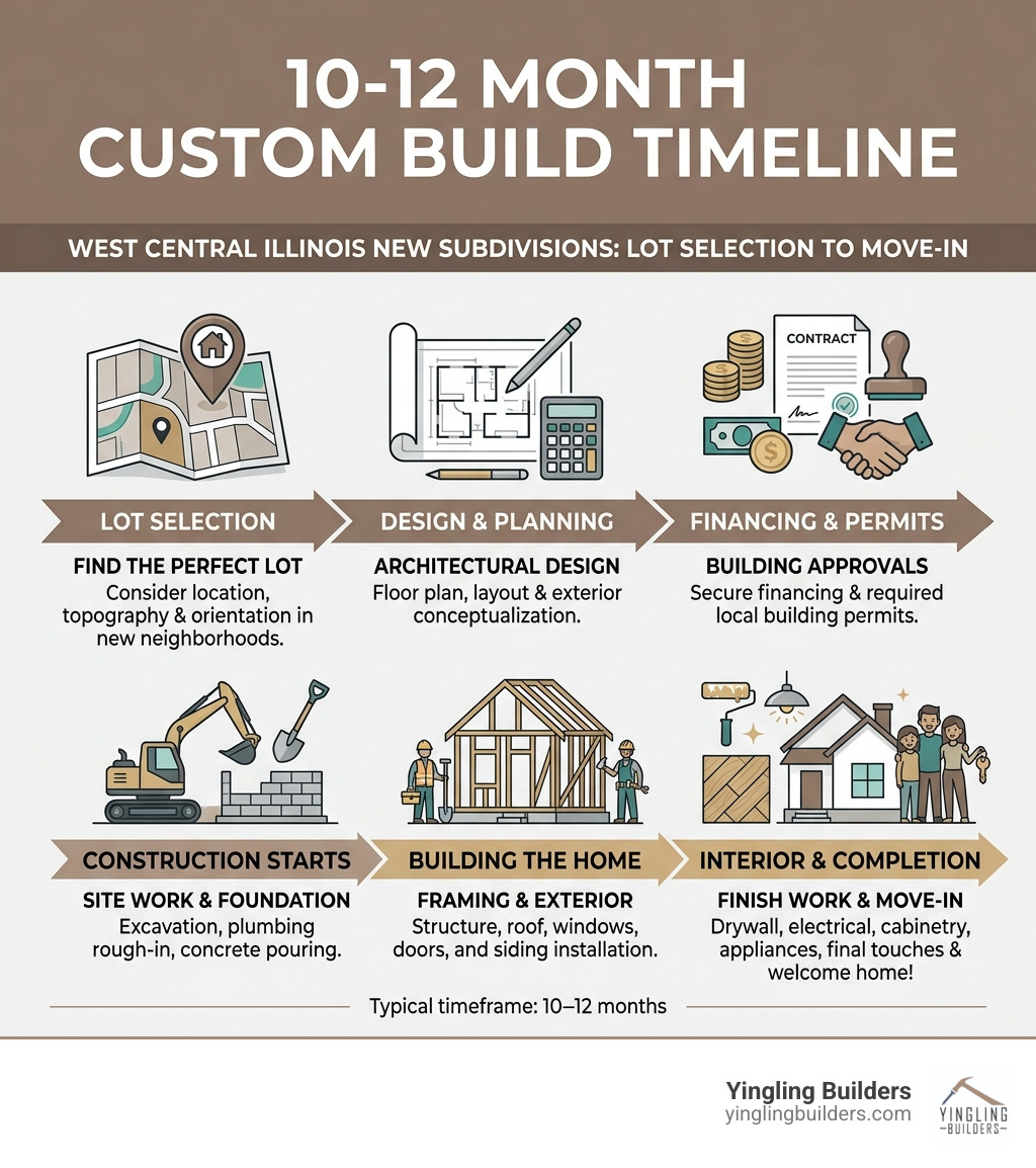 Infographic: 10-12 month custom build timeline, lot selection to move-in, West Central Illinois new subdivisions - new Infographic: 10-12 month custom build timeline, lot selection to move-in, West Central Illinois new subdivisions - new