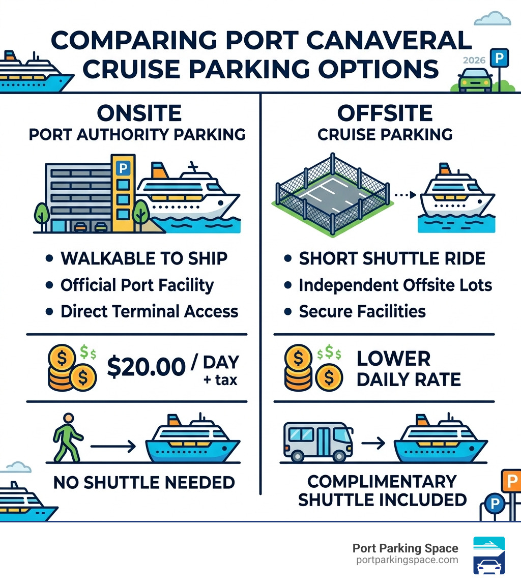 Infographic comparing onsite vs offsite cruise parking at Port Canaveral: cost, shuttle process, and key features - cheap