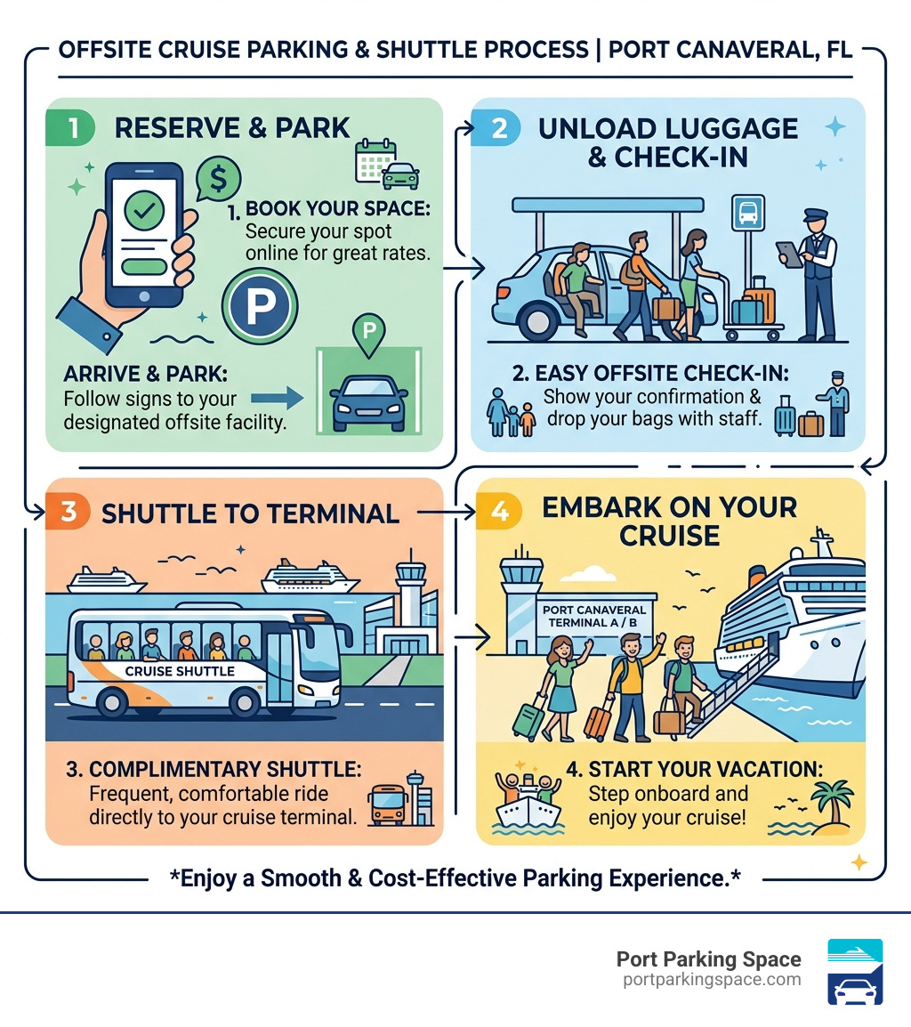 offsite cruise parking and shuttle process infographic at Port Canaveral FL - cruise line parking infographic 
