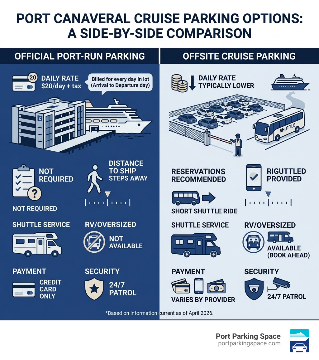 infographic comparing official port-run parking vs offsite cruise terminal parking options at Port Canaveral - cruise