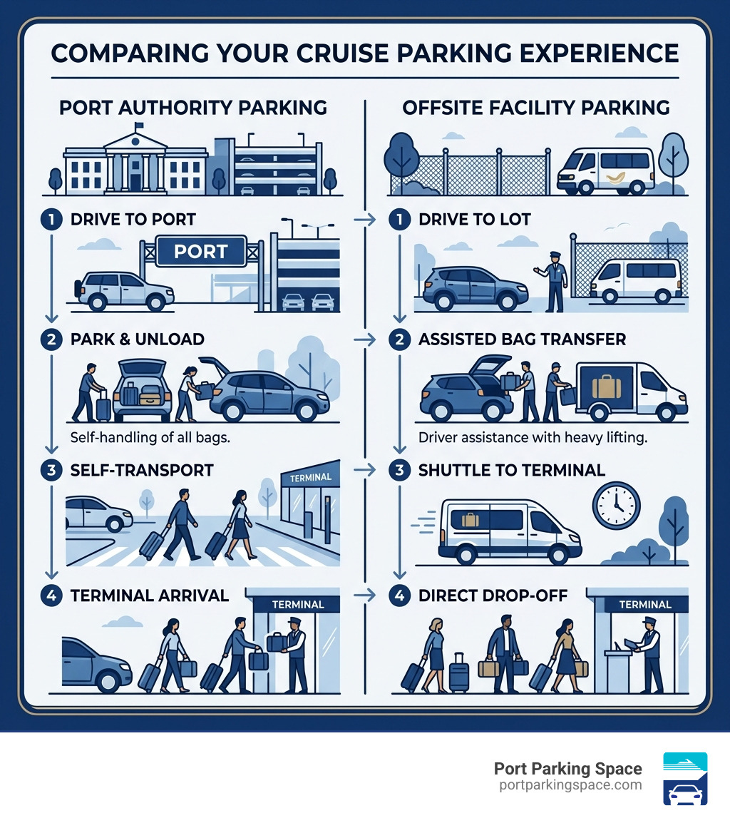 Infographic comparing the steps of parking at the Port Authority vs an offsite facility - cruise parking by location