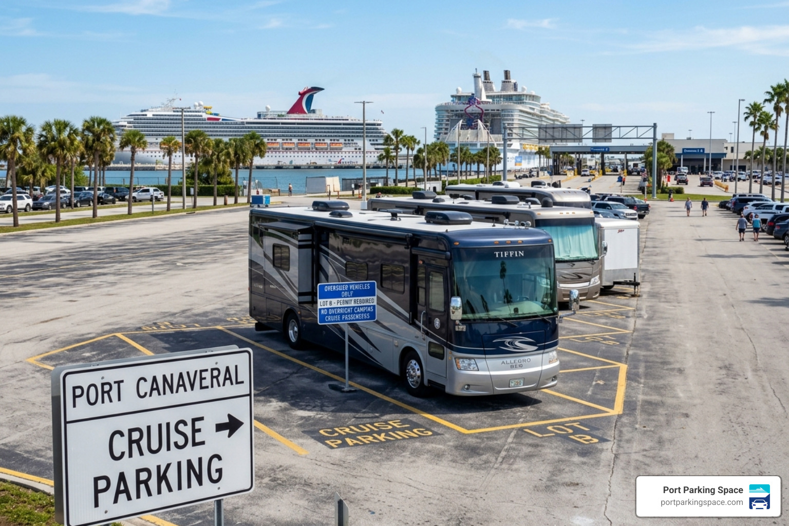 large RV parked in a designated oversized cruise parking lot in Port Canaveral FL - cruise parking by location