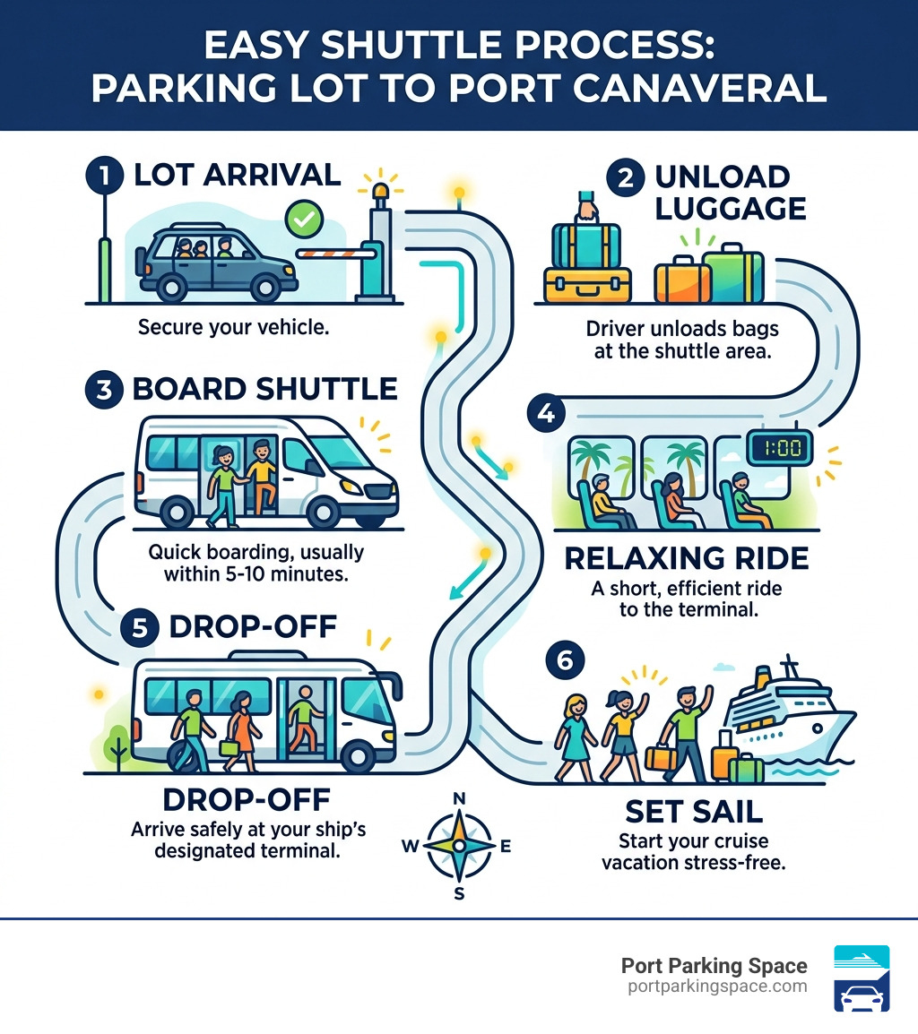 infographic showing shuttle process steps from parking lot to Port Canaveral cruise terminal - easiest parking for cruises