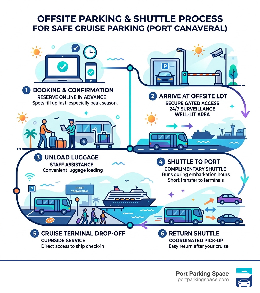 Offsite parking and shuttle process for safe cruise parking at Port Canaveral - safe cruise parking infographic 