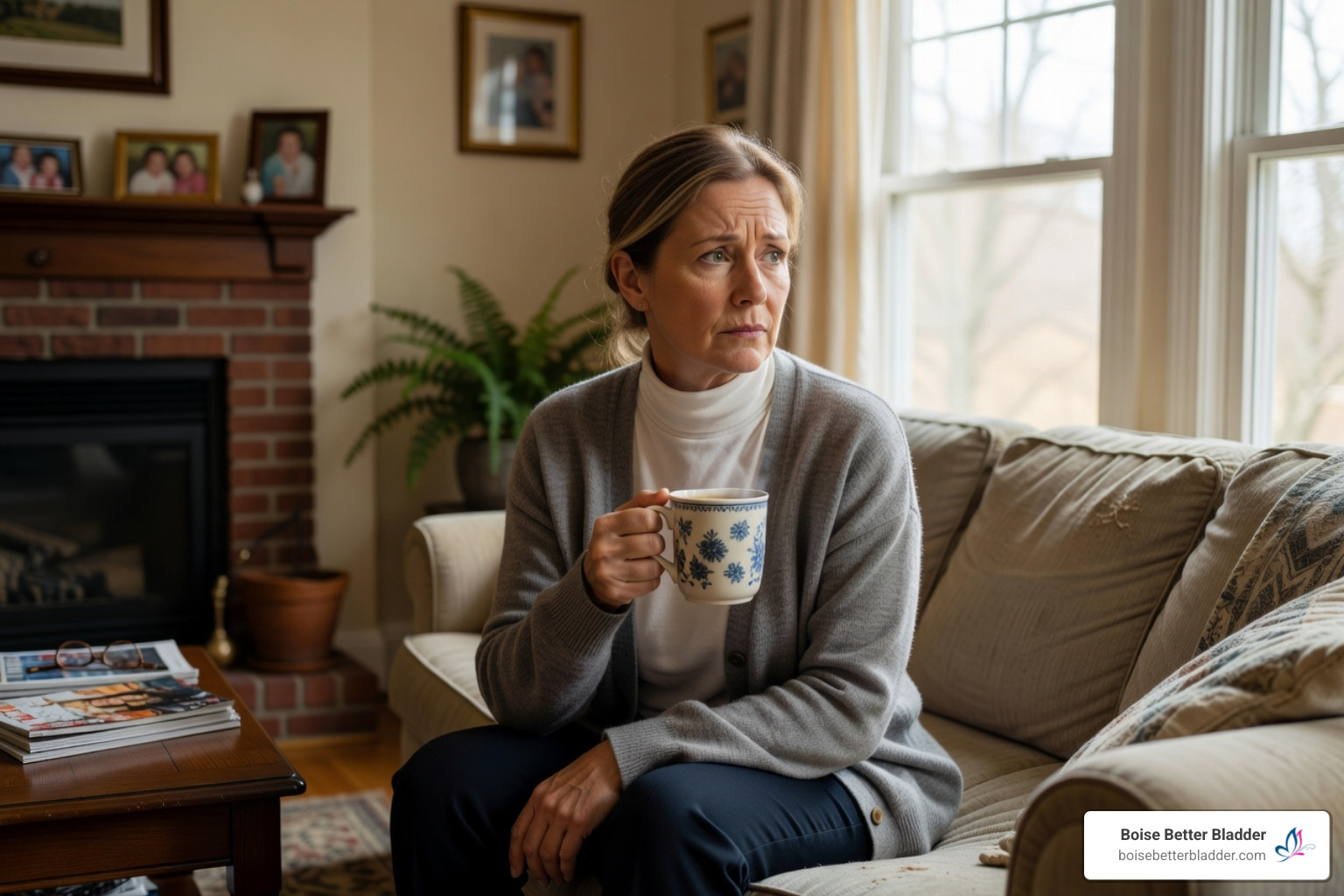 Woman in Menopause staring out her window as she contemplates what to do about bladder leaks.