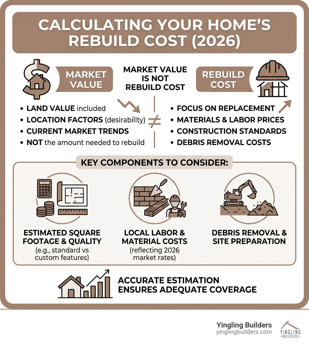Infographic showing difference between market value and rebuild cost with key components - calculating rebuild cost Infographic showing difference between market value and rebuild cost with key components - calculating rebuild cost