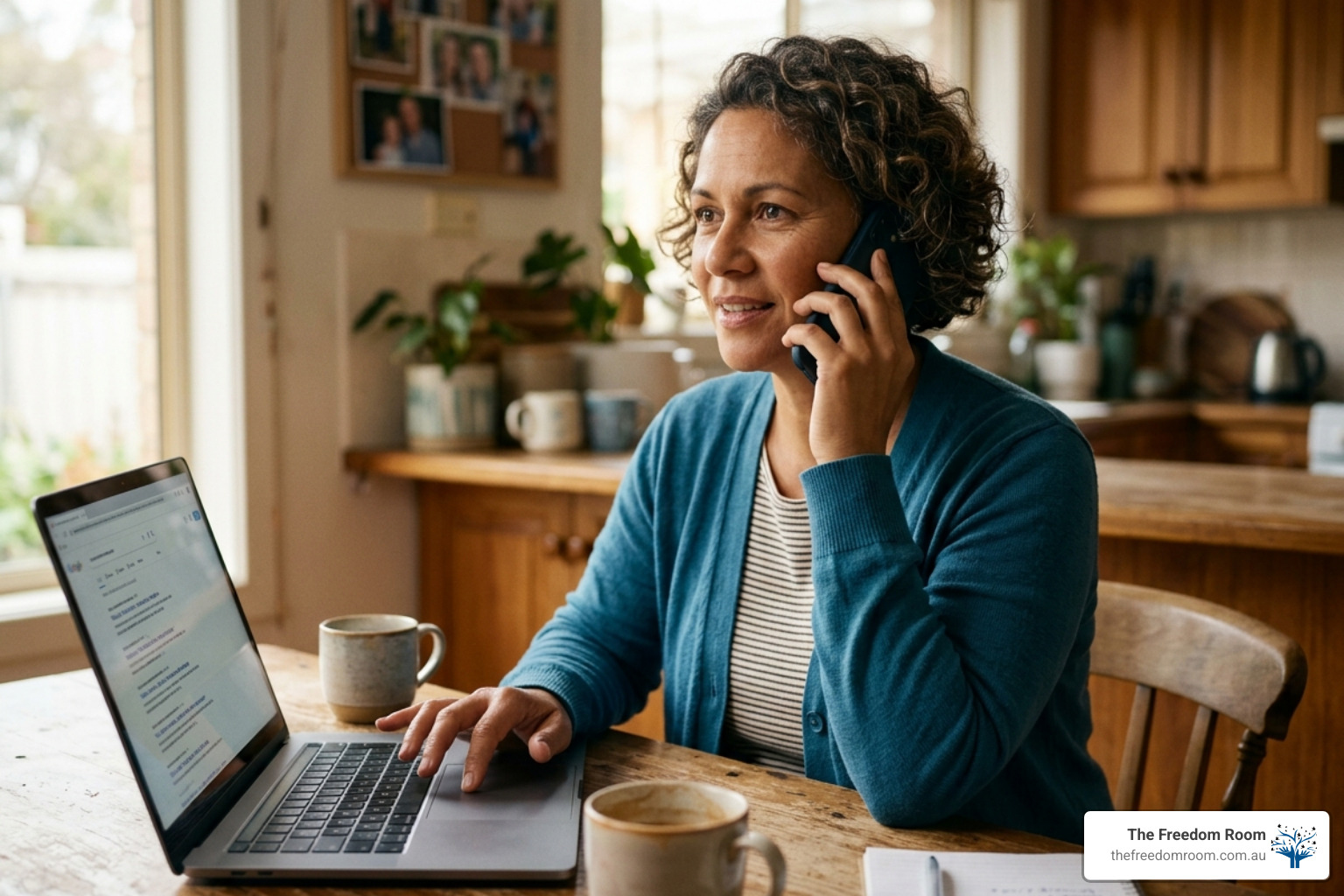 A person using a laptop, researching and making a phone call, symbolising the process of seeking help.