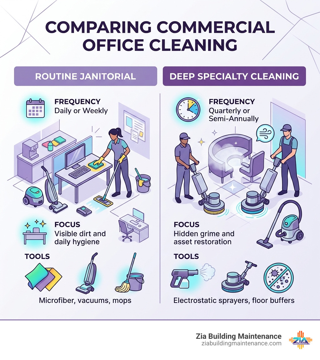 comparison of routine janitorial vs deep specialty cleaning - commercial cleaning office cleaning infographic comparison of routine janitorial vs deep specialty cleaning - commercial cleaning office cleaning infographic