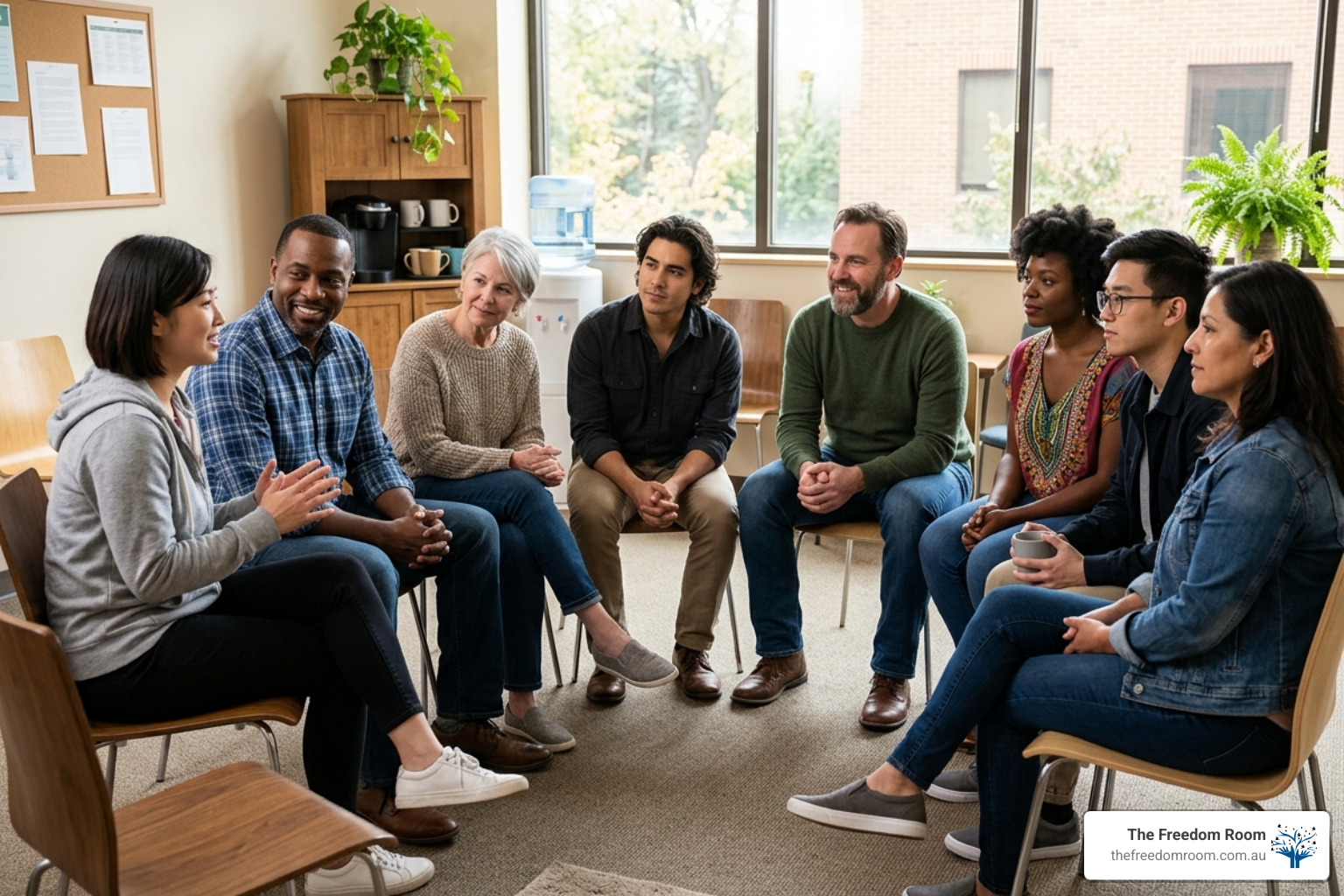 A diverse group of individuals sitting in a circle for a community-led session of post rehabilitation support, sharing experiences in a safe environment.