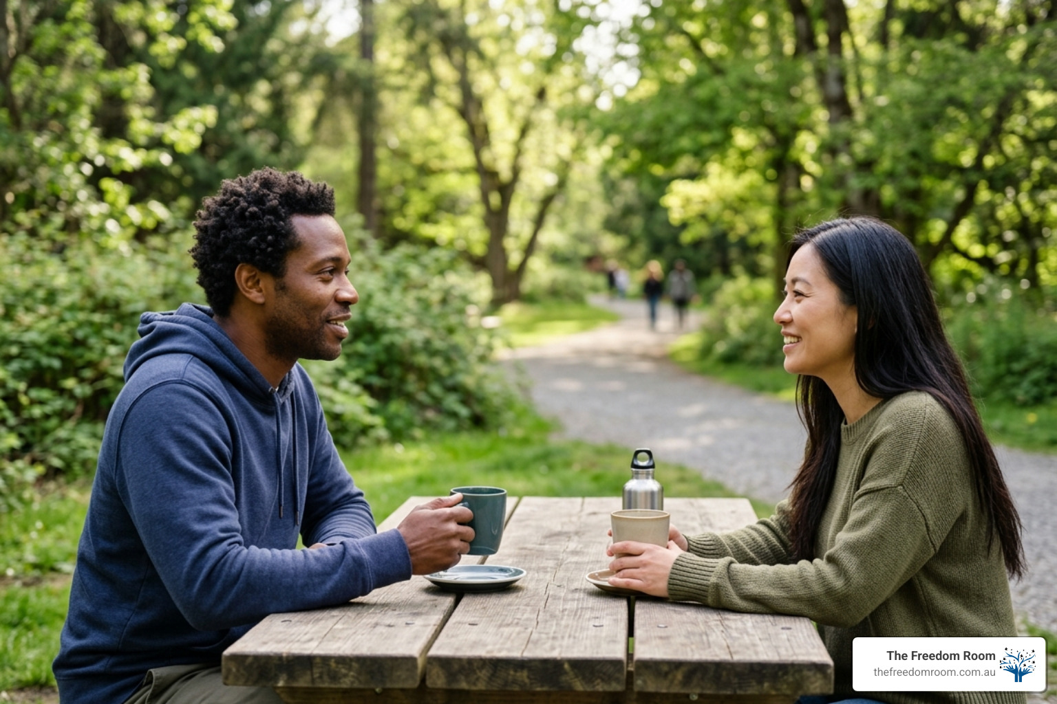 Peer-to-peer connection in a natural setting, showing how group recovery meetings foster supportive relationships.