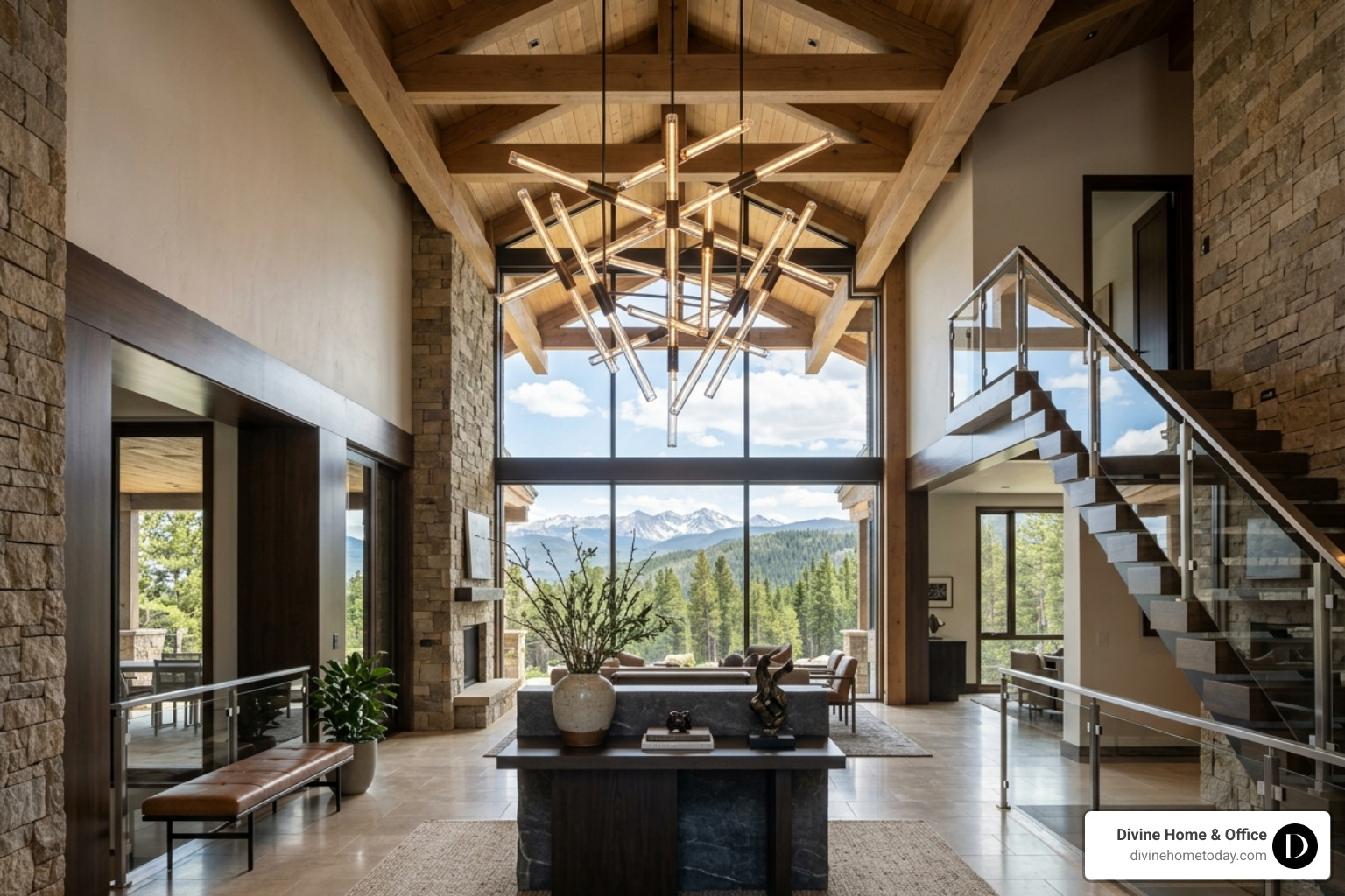 sculptural chandelier in a luxury grand foyer with mountain views - luxury interior decor sculptural chandelier in a luxury grand foyer with mountain views - luxury interior decor