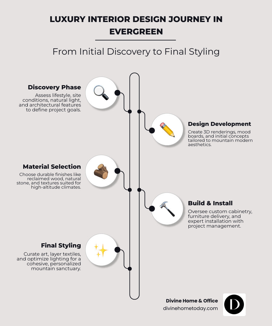 Infographic: The luxury interior design journey in Evergreen from discovery to final styling with key phases and cost ranges Infographic: The luxury interior design journey in Evergreen from discovery to final styling with key phases and cost ranges