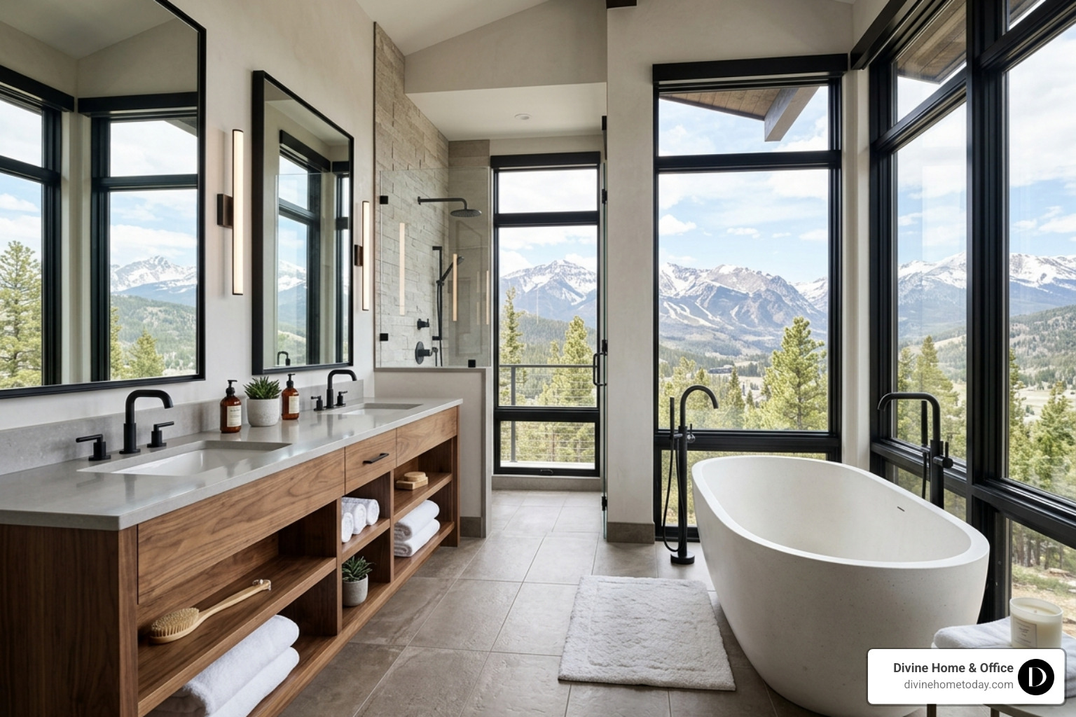 Spa-like modern mountain bathroom with natural wood vanity, stone counters, and a soaking tub with a view - luxury interior Spa-like modern mountain bathroom with natural wood vanity, stone counters, and a soaking tub with a view - luxury interior