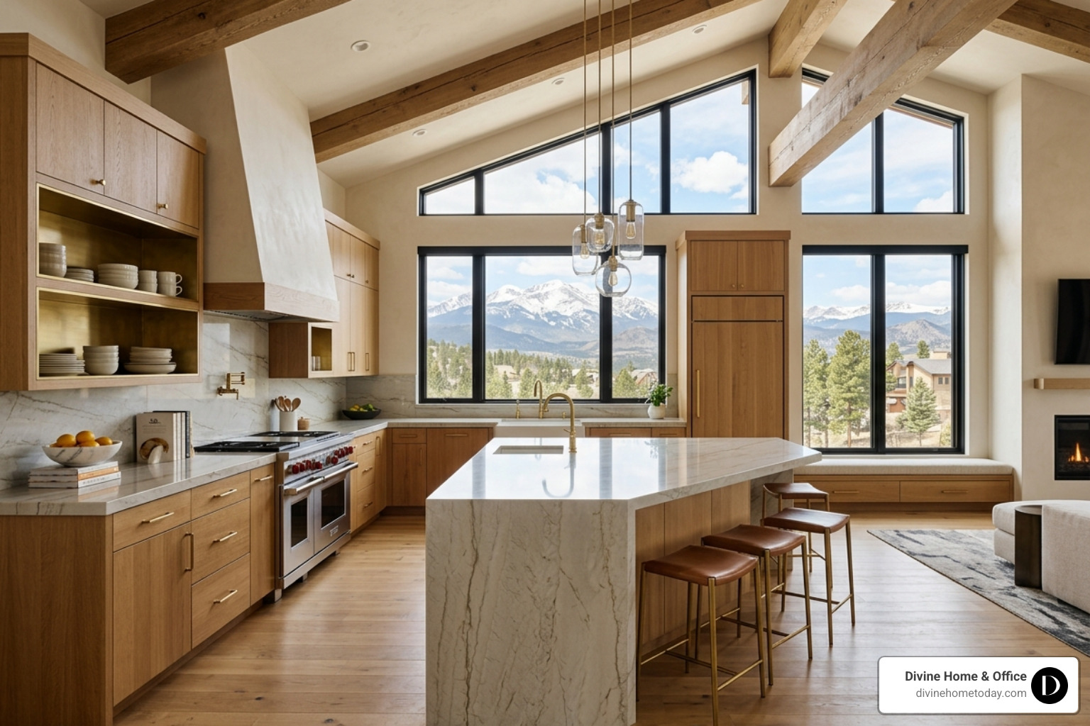 Custom luxury mountain kitchen with stone countertops, natural wood cabinetry, and exposed timber beams - luxury interior Custom luxury mountain kitchen with stone countertops, natural wood cabinetry, and exposed timber beams - luxury interior