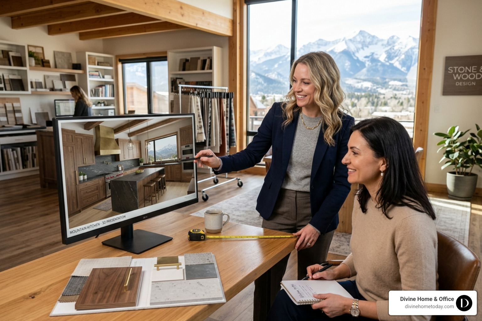Professional designer presenting a 3D rendering of a luxury mountain kitchen to a client - luxury interior design Evergreen Professional designer presenting a 3D rendering of a luxury mountain kitchen to a client - luxury interior design Evergreen