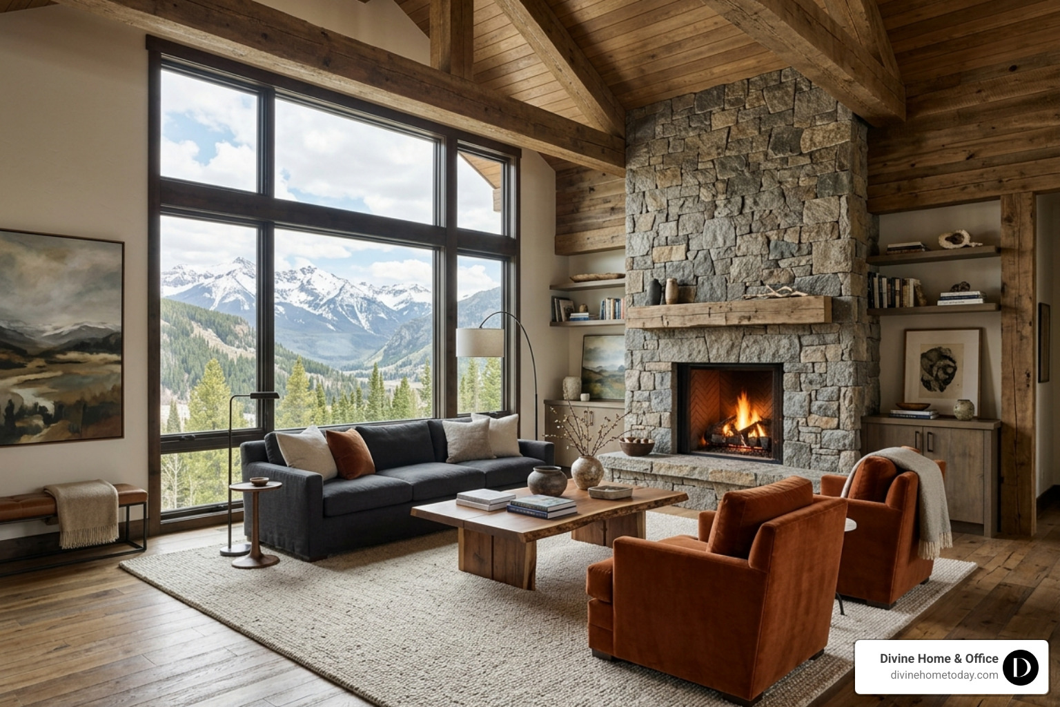 High-end modern mountain living room with a large stone fireplace, timber beams, and floor-to-ceiling windows showing High-end modern mountain living room with a large stone fireplace, timber beams, and floor-to-ceiling windows showing