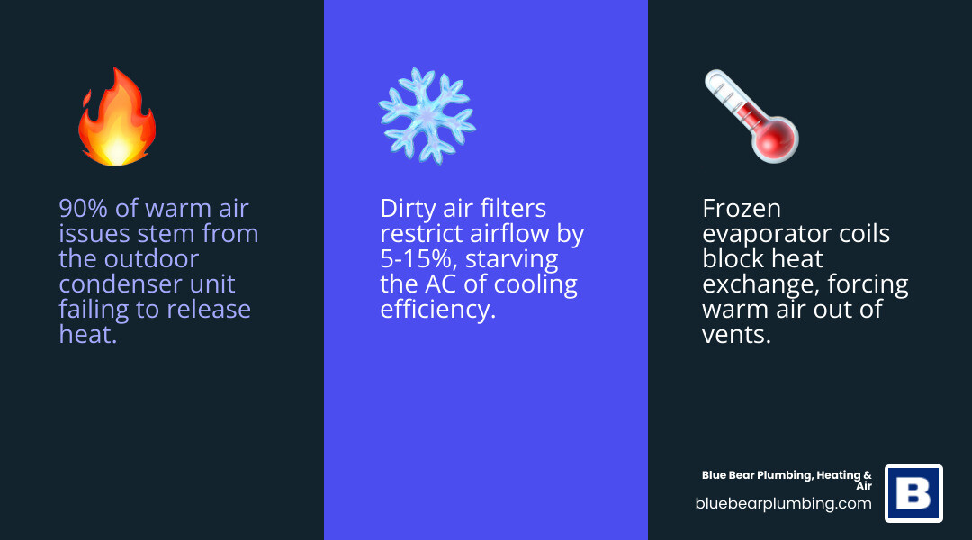 infographic showing common causes of AC blowing warm air including dirty filters, low refrigerant, thermostat issues, and infographic showing common causes of AC blowing warm air including dirty filters, low refrigerant, thermostat issues, and