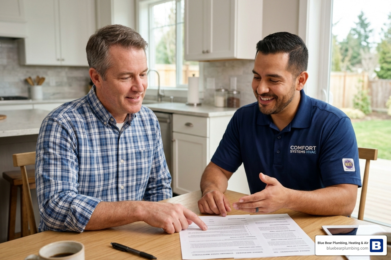Homeowner reviewing a service agreement with a technician - membership plan vs pay per visit comparison Homeowner reviewing a service agreement with a technician - membership plan vs pay per visit comparison
