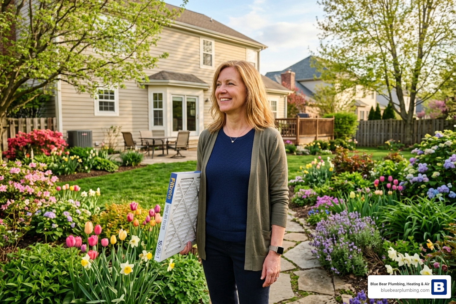 A homeowner looking at a blooming spring garden while holding a new HVAC filter - spring air filter replacement guide