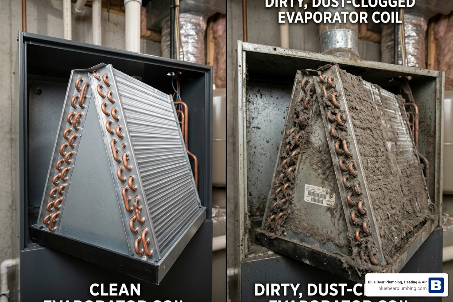 Side-by-side comparison of a clean evaporator coil and a dirty, dust-clogged coil - is an hvac maintenance plan worth it