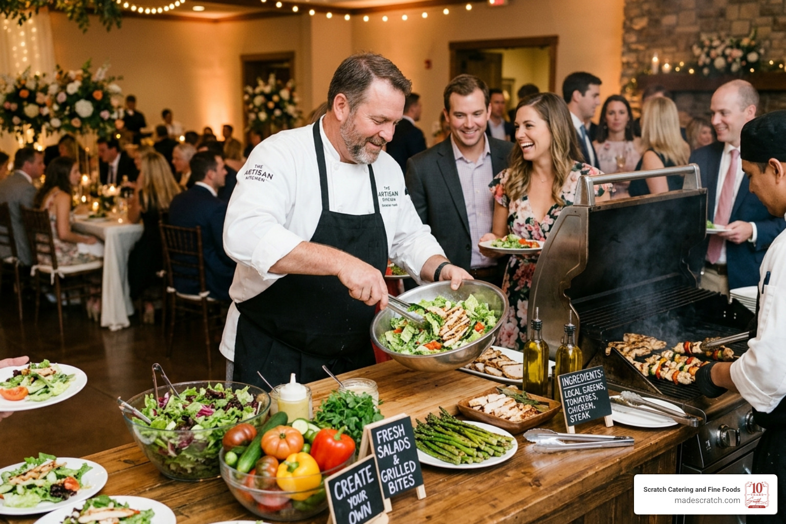 An interactive food station with a chef preparing dishes for guests, showcasing fresh ingredients. - rehearsal dinner ideas An interactive food station with a chef preparing dishes for guests, showcasing fresh ingredients. - rehearsal dinner ideas