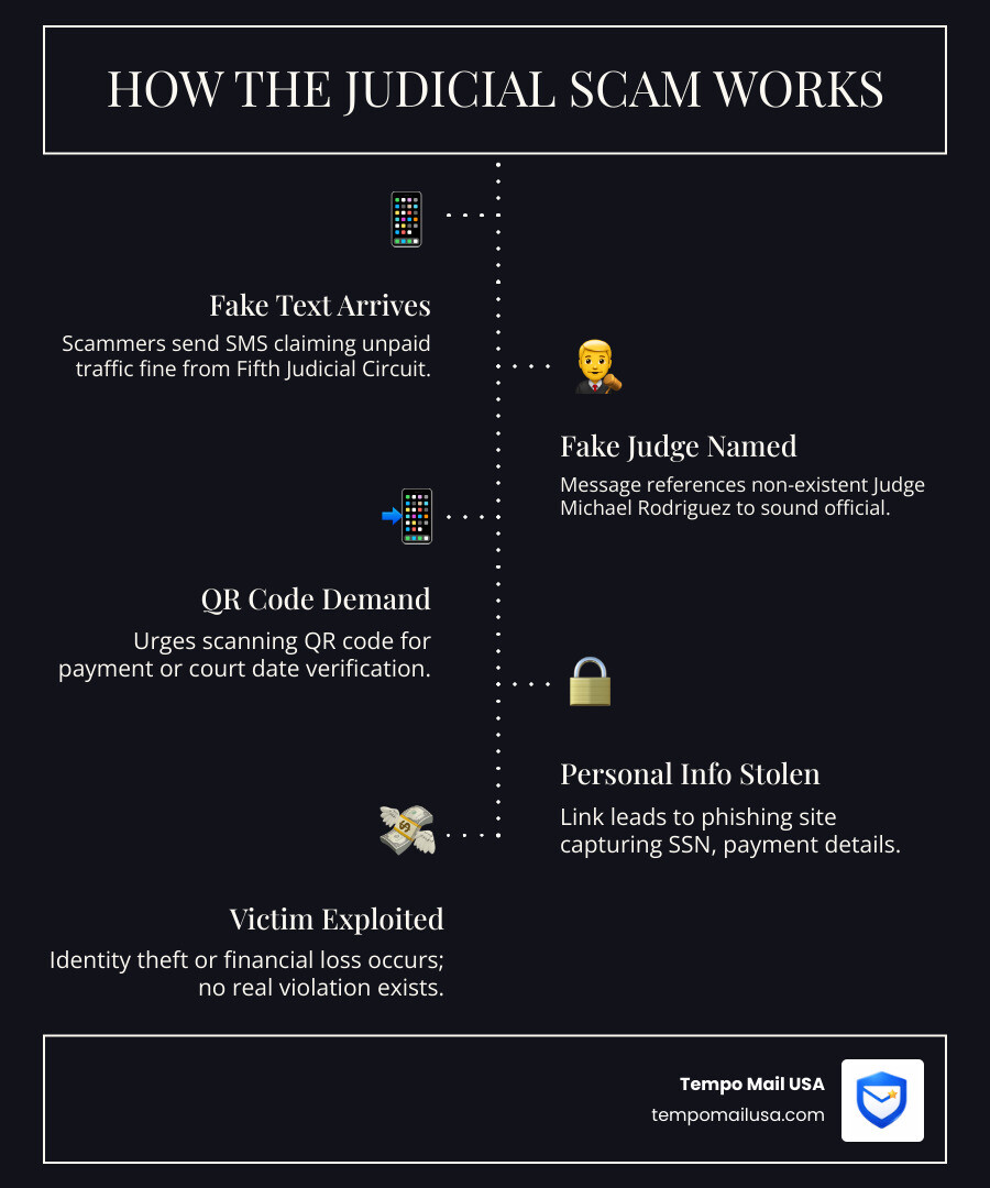 Infographic showing how the Fifth Judicial Circuit judicial impersonation scam works step by step - judge michael rodriguez Infographic showing how the Fifth Judicial Circuit judicial impersonation scam works step by step - judge michael rodriguez
