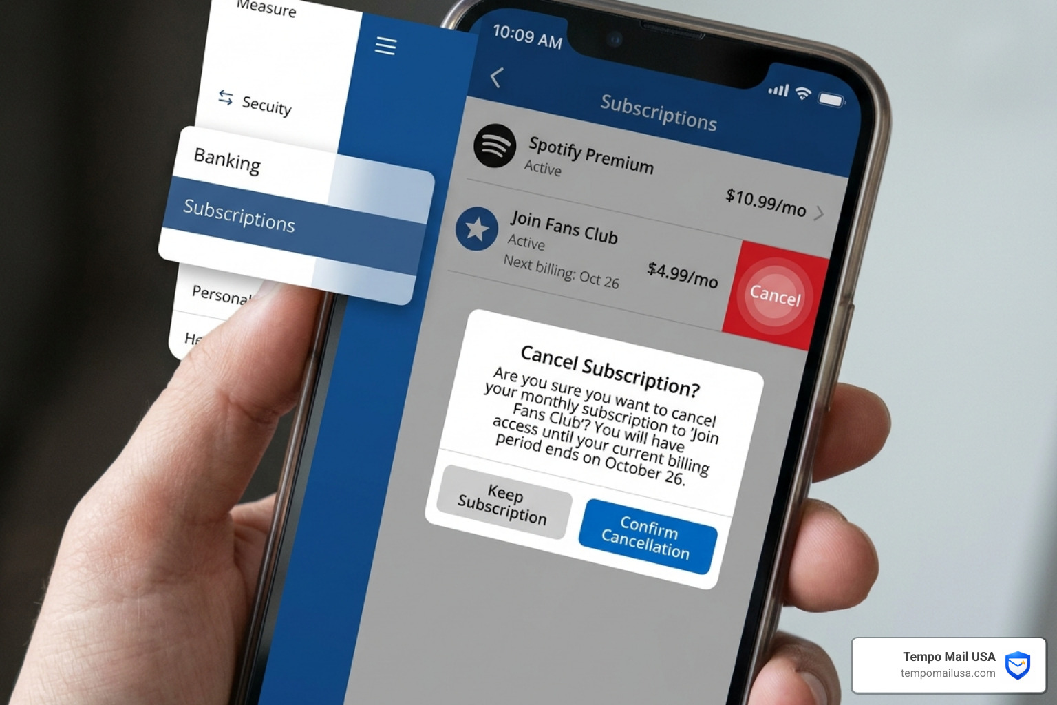 mobile banking app screen showing the process of canceling a recurring subscription - join fans club charge on debit card mobile banking app screen showing the process of canceling a recurring subscription - join fans club charge on debit card