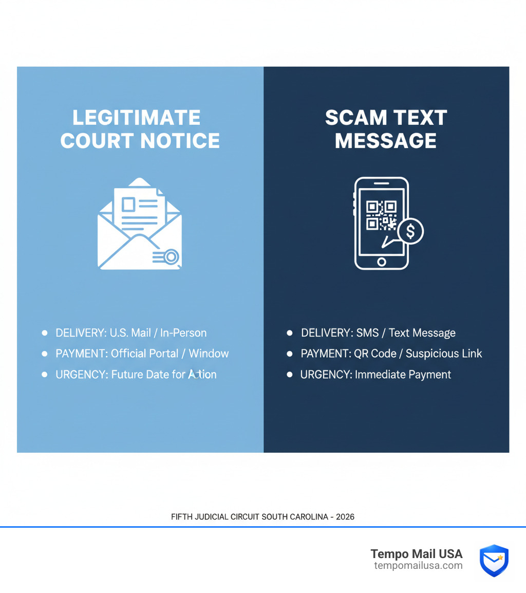 Infographic comparing legitimate court notices to scam texts - judge michael rodriguez fifth judicial circuit south carolina Infographic comparing legitimate court notices to scam texts - judge michael rodriguez fifth judicial circuit south carolina