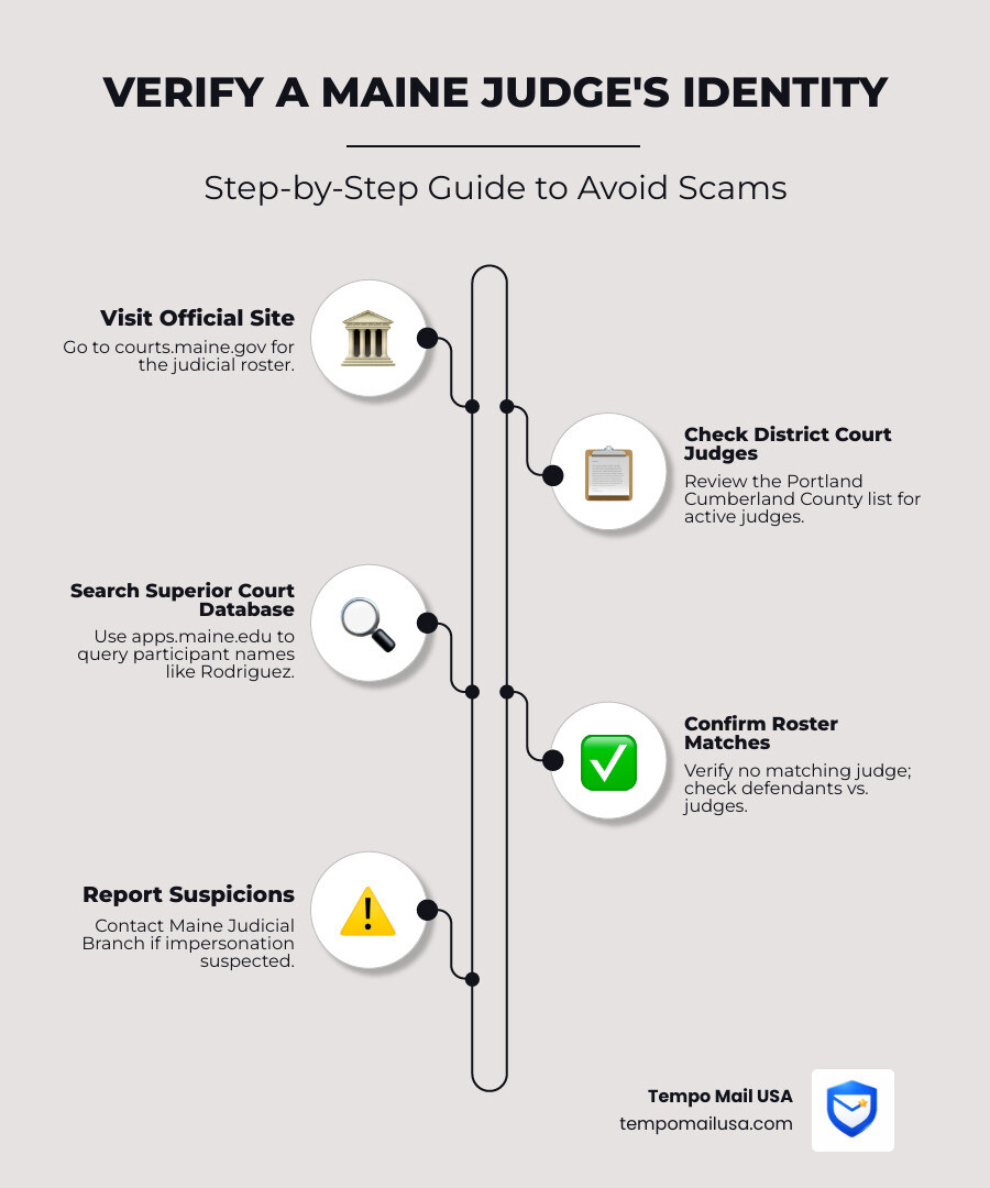 Infographic showing how to verify a Maine judge's identity vs. spotting a scam judge impersonation - judge michael rodriguez Infographic showing how to verify a Maine judge's identity vs. spotting a scam judge impersonation - judge michael rodriguez