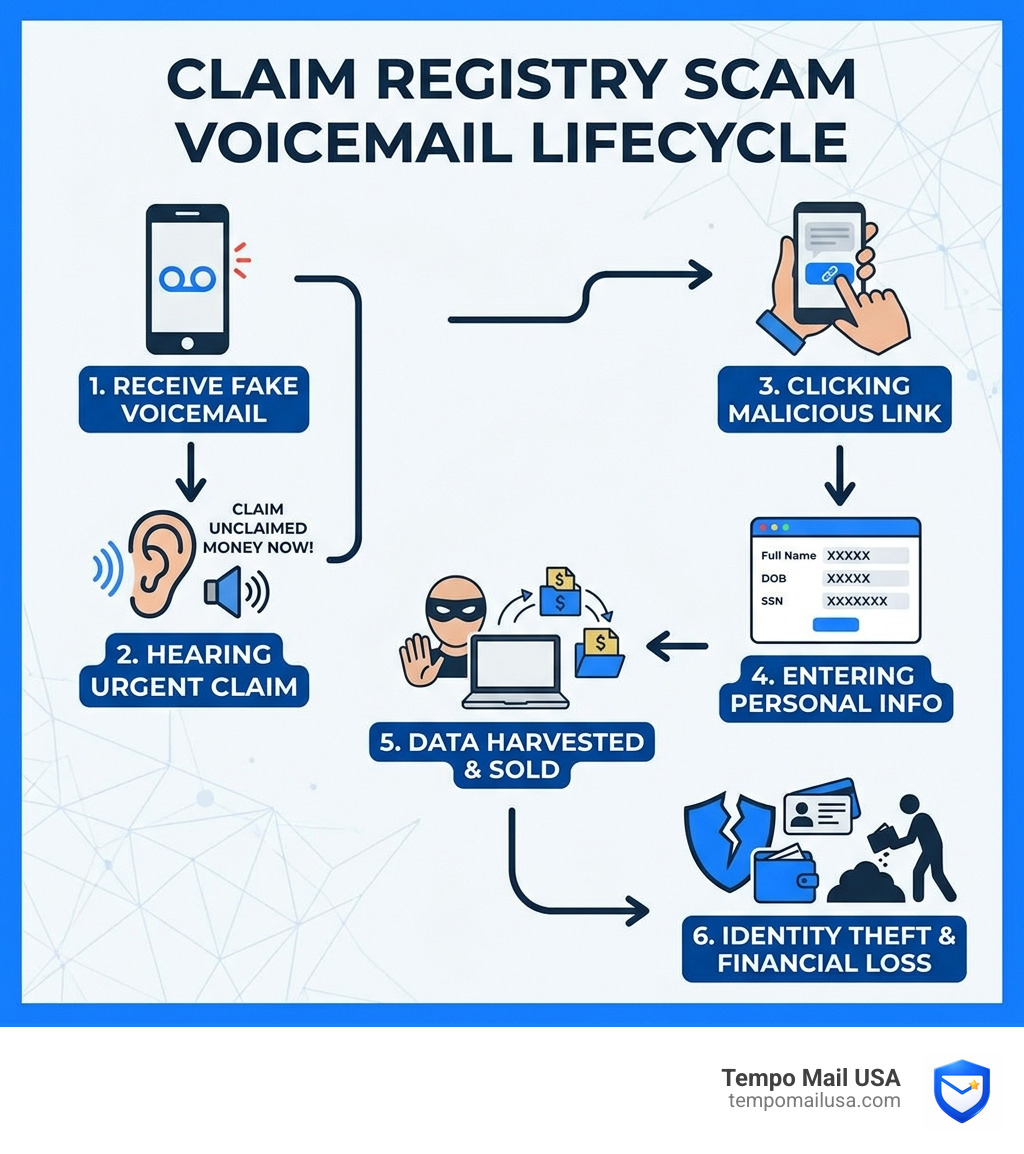 Claim registry scam voicemail lifecycle infographic showing steps from fake voicemail to identity theft - claim registry Claim registry scam voicemail lifecycle infographic showing steps from fake voicemail to identity theft - claim registry