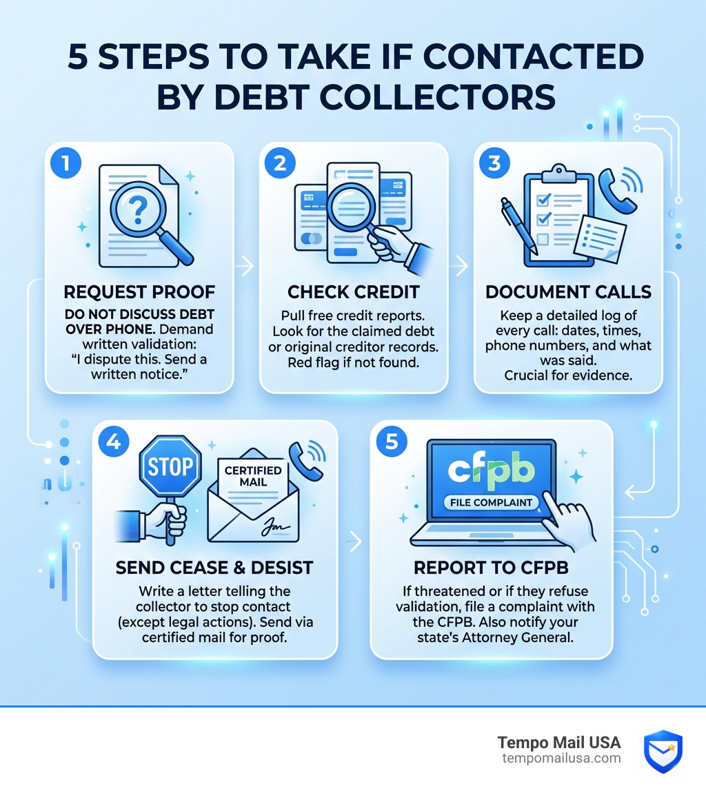 Infographic showing the 5-step process: Request Proof, Check Credit, Document Calls, Send Cease & Desist, Report to CFPB Infographic showing the 5-step process: Request Proof, Check Credit, Document Calls, Send Cease & Desist, Report to CFPB