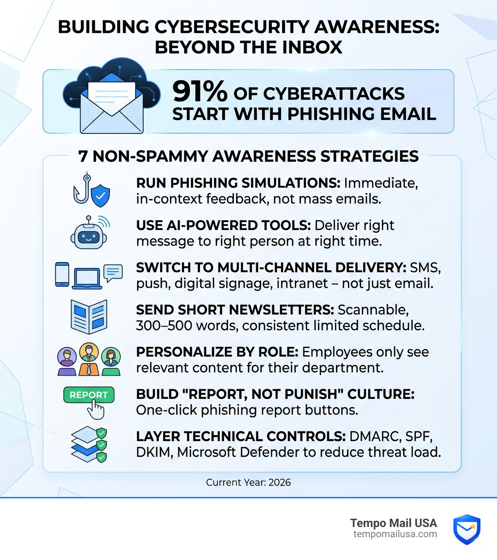 Infographic showing 91% of cyberattacks start with phishing email and 7 non-spammy awareness strategies - how can Infographic showing 91% of cyberattacks start with phishing email and 7 non-spammy awareness strategies - how can