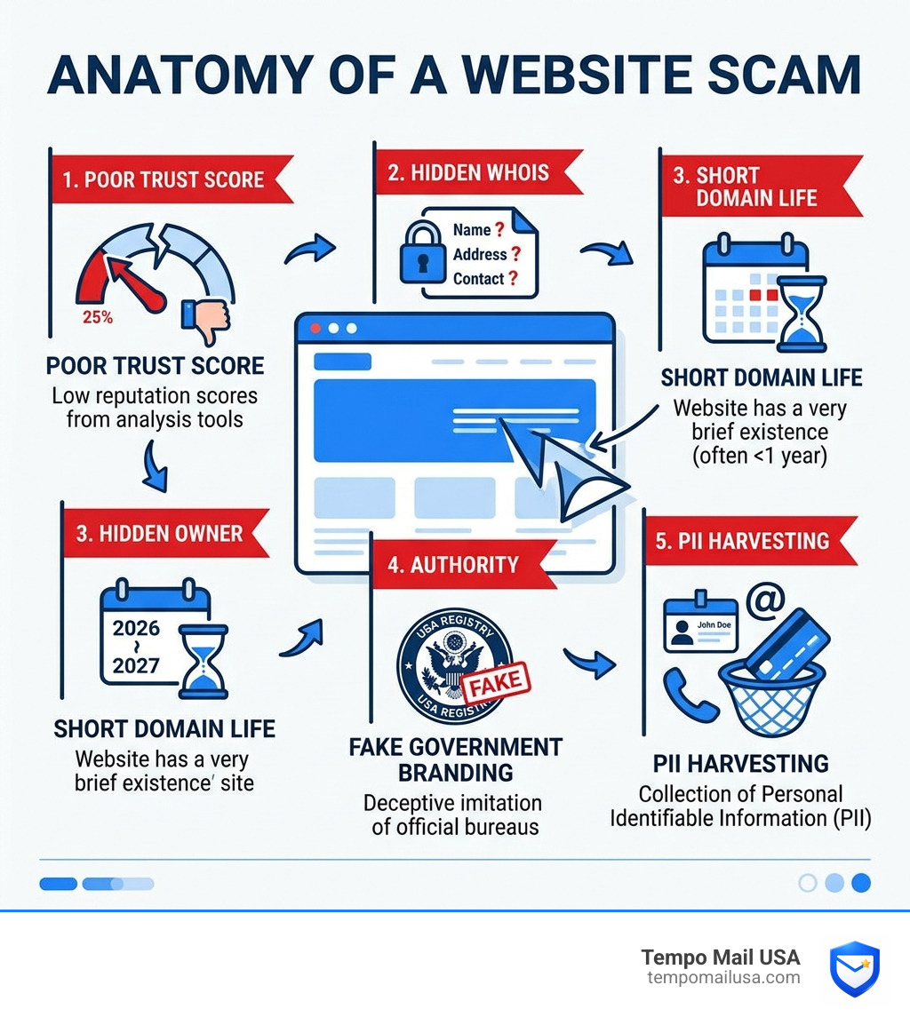 Anatomy of a website scam: trust score, hidden WHOIS, short domain life, fake government branding, PII harvesting Anatomy of a website scam: trust score, hidden WHOIS, short domain life, fake government branding, PII harvesting