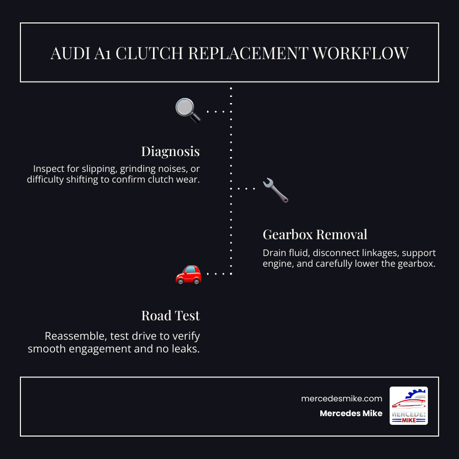 Infographic showing Audi A1 clutch replacement workflow from diagnosis to road test - audi a1 clutch replacement infographic 