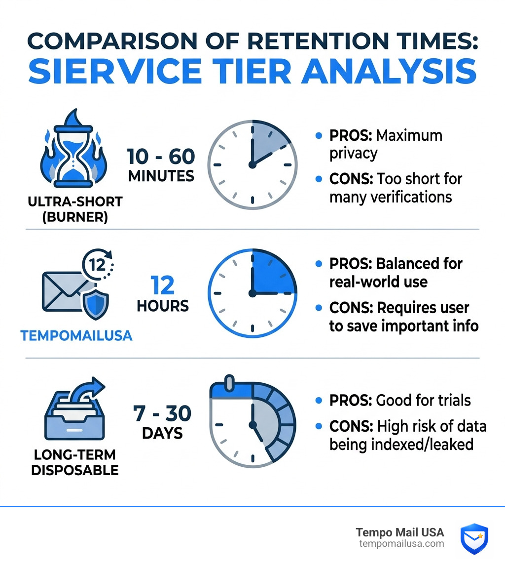 Comparison of retention times across different service tiers - tempomailusa automatic deletion retention policy infographic Comparison of retention times across different service tiers - tempomailusa automatic deletion retention policy infographic