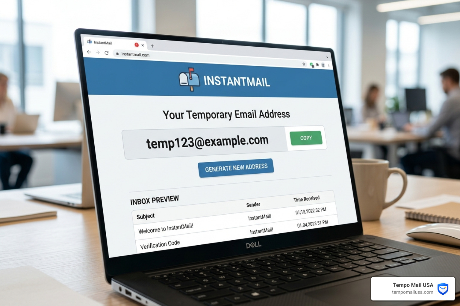 User interface showing instant temporary email generation - tempomailusa reviews