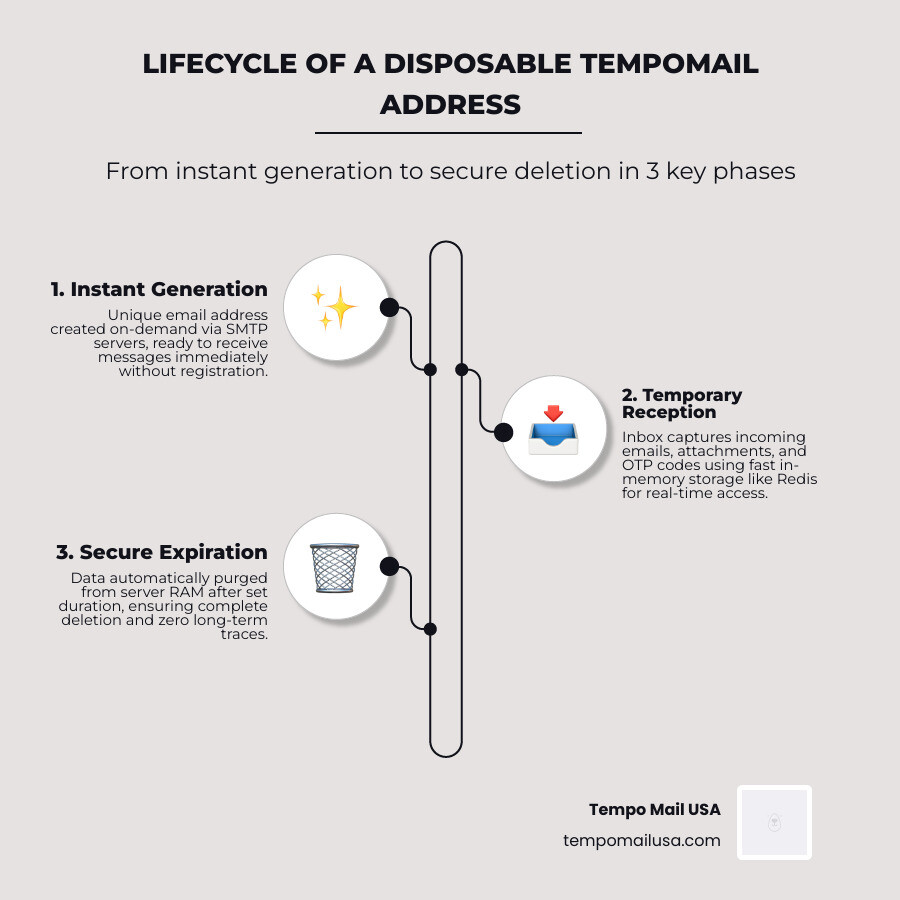 Lifecycle of a disposable tempomail address from generation to expiration and deletion - tempomail infographic Lifecycle of a disposable tempomail address from generation to expiration and deletion - tempomail infographic