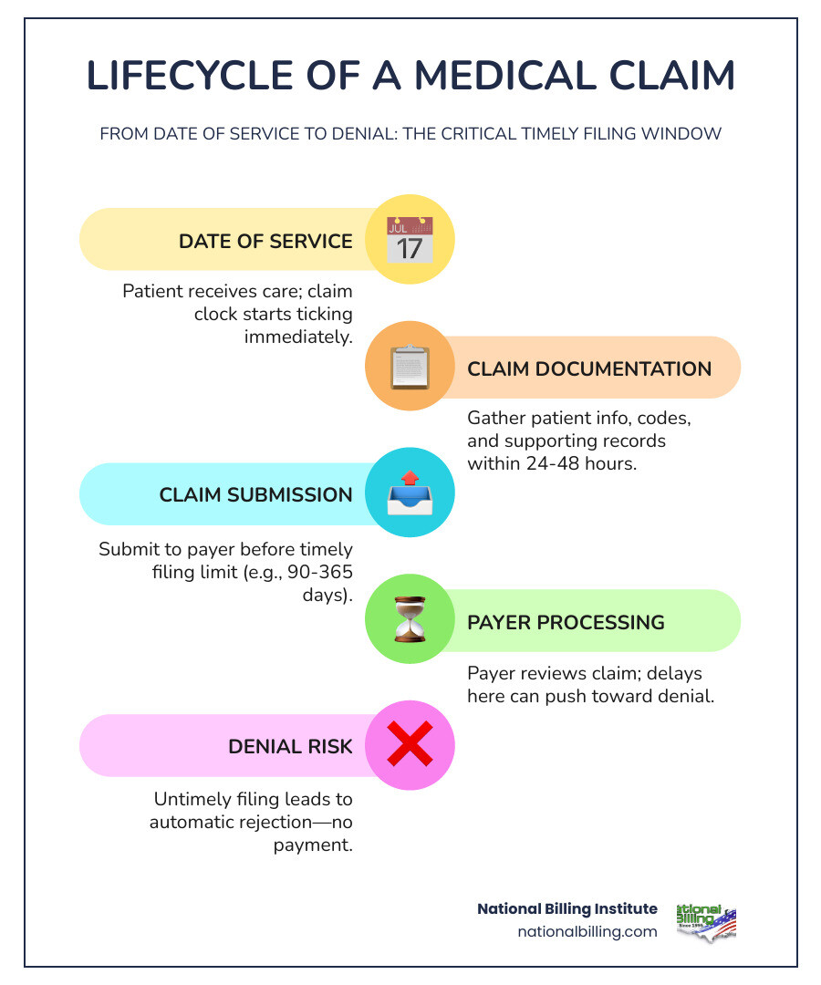 Lifecycle of a medical claim and timely filing window from date of service to denial - untimely filing in medical billing Lifecycle of a medical claim and timely filing window from date of service to denial - untimely filing in medical billing