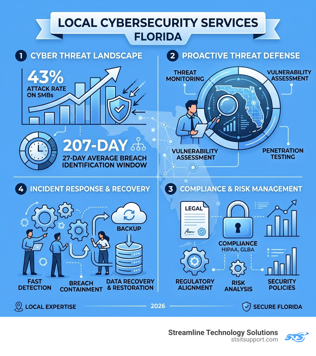 Infographic showing 207-day average breach identification window, 43% SMB attack rate, and key local cybersecurity services Infographic showing 207-day average breach identification window, 43% SMB attack rate, and key local cybersecurity services