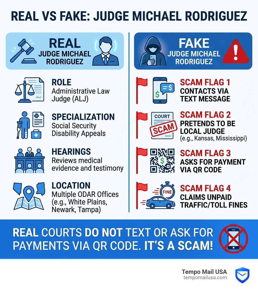 infographic showing real vs fake Judge Michael Rodriguez with scam red flags - who is judge michael rodriguez infographic 