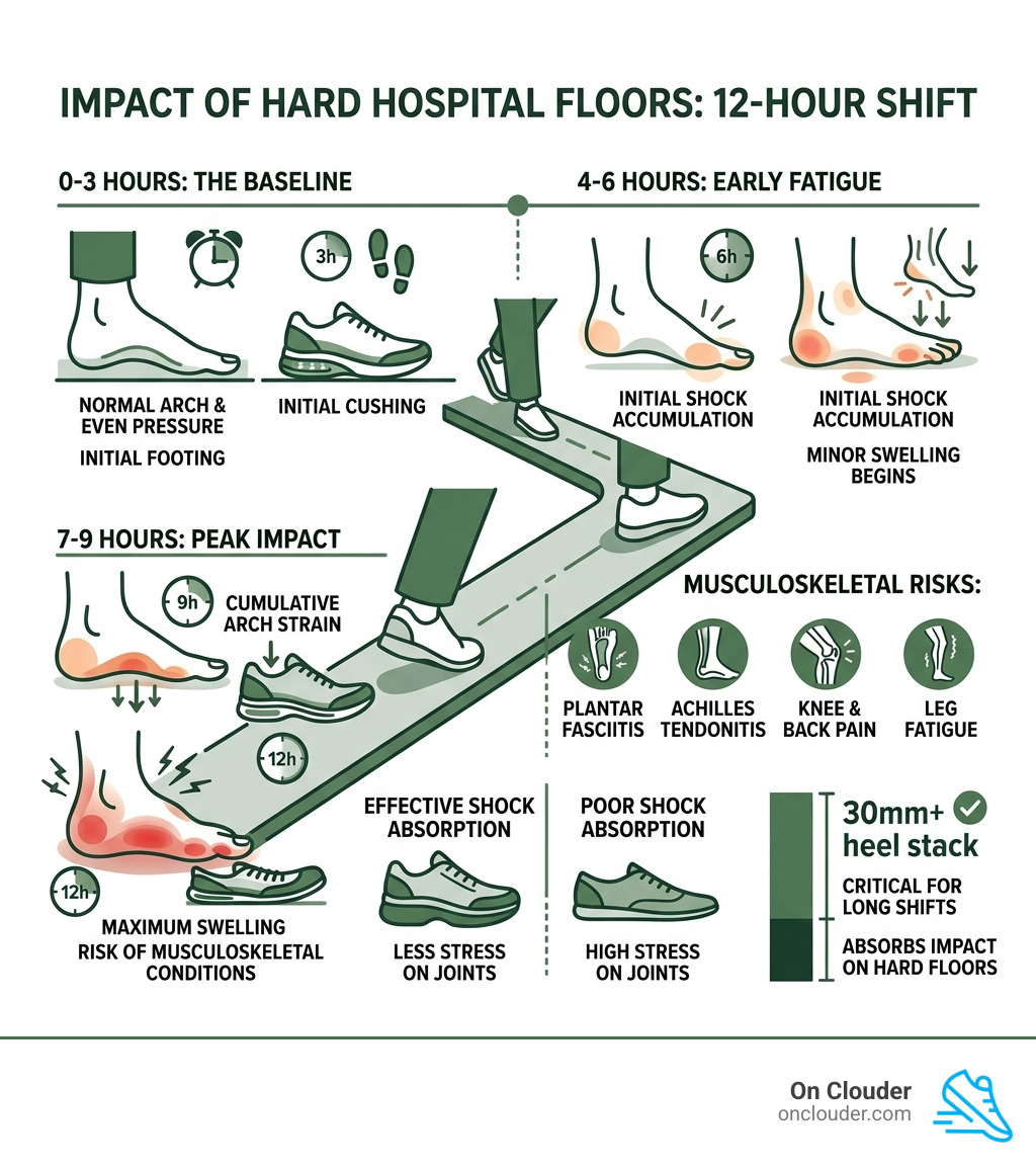 infographic showing impact of hard hospital floors on nurse foot health across a 12-hour shift - orthopedic shoes for nurses