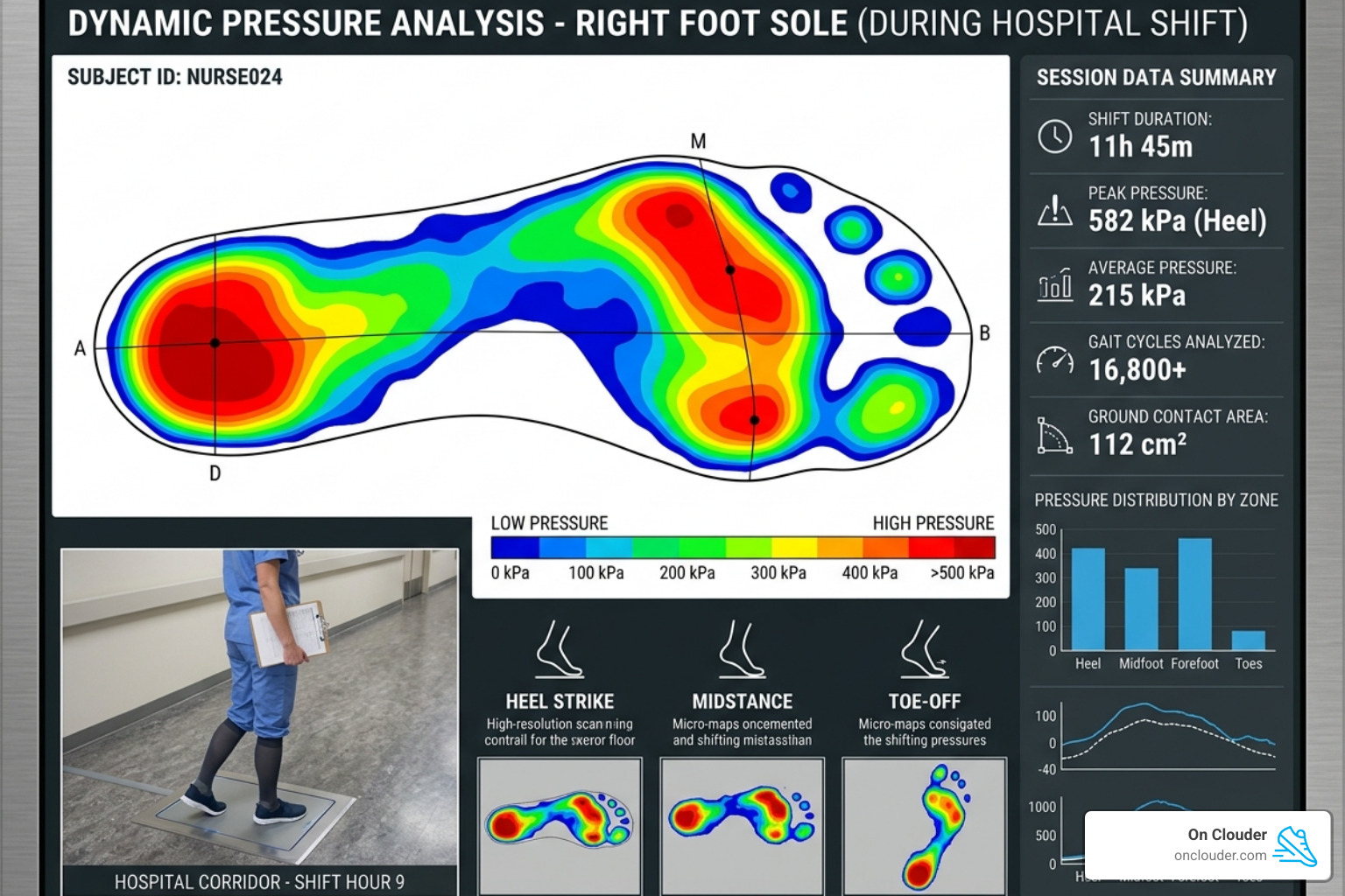 foot pressure mapping showing high-impact zones during a long shift - orthopedic shoes for nurses