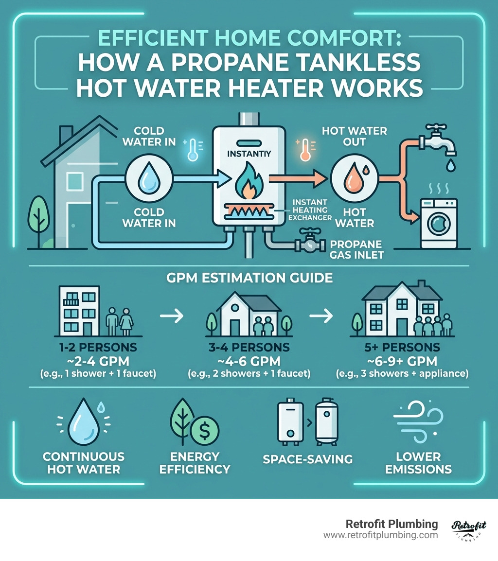 infographic showing how a propane tankless water heater works with top model comparison by GPM and household size - propane