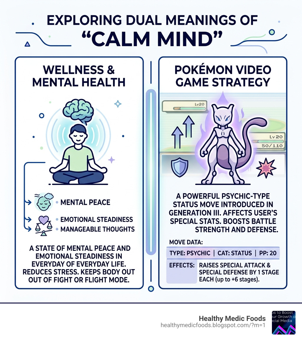 Dual meaning of Calm Mind in wellness and Pokémon gaming explained side by side - calm mind infographic