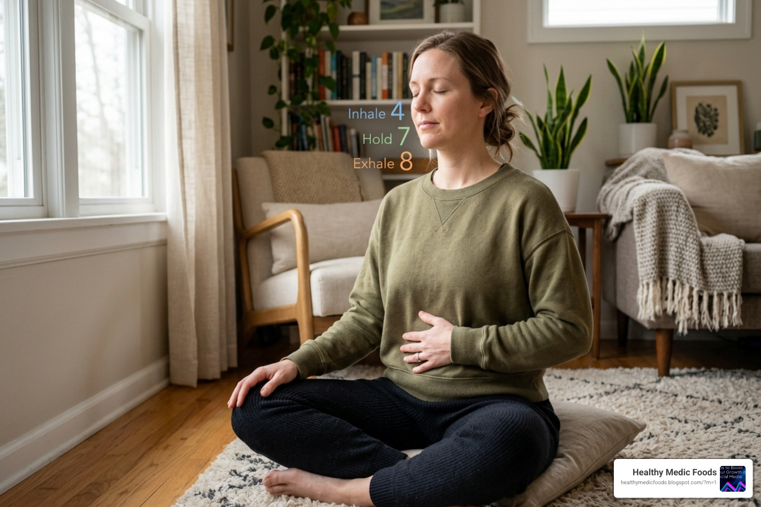 Person practicing the 4-7-8 breathing technique with visible count indicators - calm mind