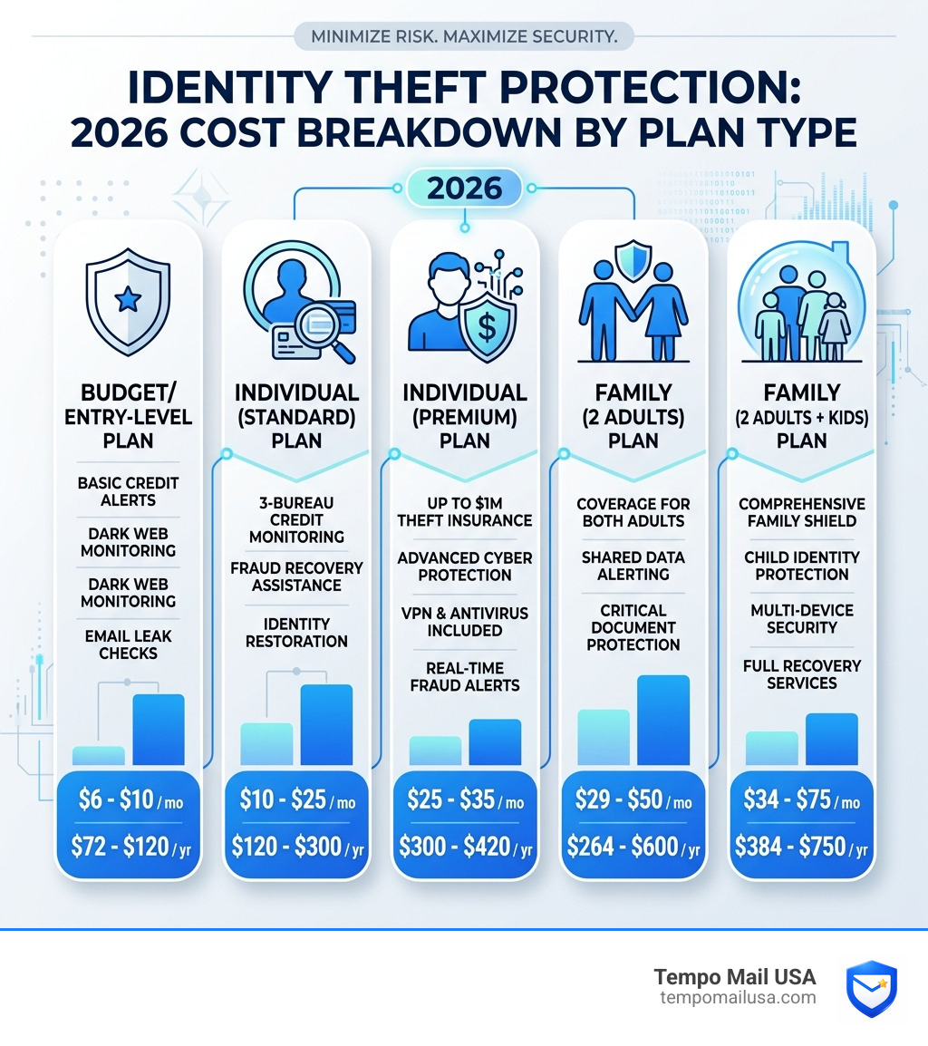 Identity theft protection cost breakdown by plan type in 2026 - how much does identity theft protection cost infographic Identity theft protection cost breakdown by plan type in 2026 - how much does identity theft protection cost infographic