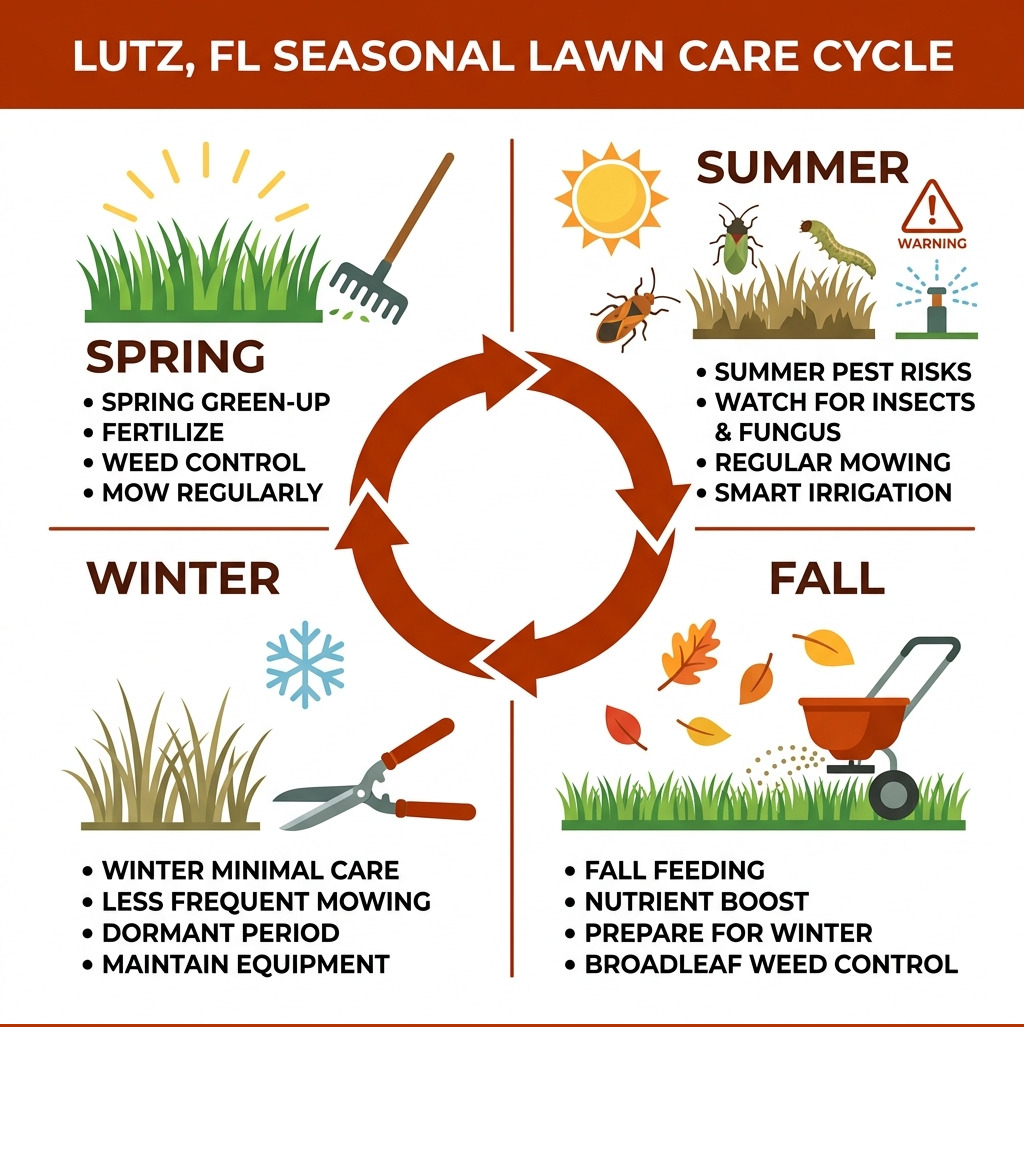 Lutz FL lawn care seasonal cycle infographic showing spring green-up, summer pest risks, fall feeding, and winter minimal
