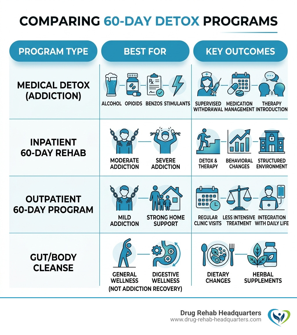 Infographic comparing 60-day detox types, who they help, and key outcomes for addiction recovery - 60 day detox infographic 